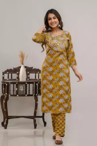 Beautiful mustard colour traditional printed and embroidered ethnic suit