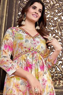 Cream colour trendy partywear rayon fabric ethnic girlish dress 2