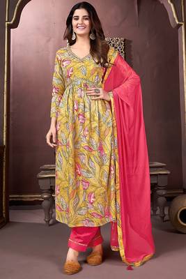 Yellow colour trendy partywear rayon fabric ethnic girlish dress 1