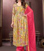 Yellow colour trendy partywear rayon fabric ethnic girlish dress