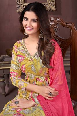 Yellow colour trendy partywear rayon fabric ethnic girlish dress 2
