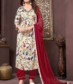 Girlish off white with maroon colour trendy partywear dress for festive looks
