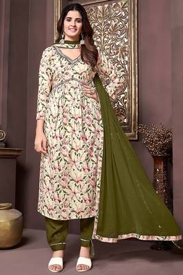 Girlish off white with mahendi colour trendy partywear dress for festive looks 1
