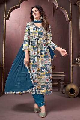 Girlish off white with blue colour trendy partywear dress for festive looks 1