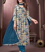 Girlish off white with blue colour trendy partywear dress for festive looks