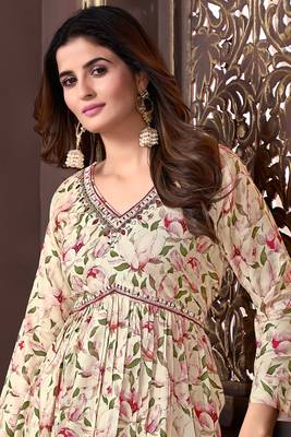 Girlish off white with mahendi colour trendy partywear dress for festive looks 2