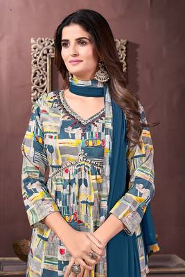 Girlish off white with blue colour trendy partywear dress for festive looks 2