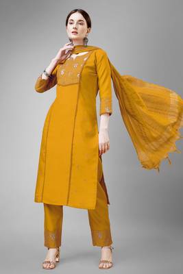 Yellow colour ethnic embroidered cotton blend suit for festive wear 1