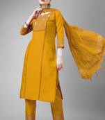 Yellow colour ethnic embroidered cotton blend suit for festive wear