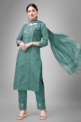 Teal colour ethnic embroidered cotton blend suit for festive wear 1