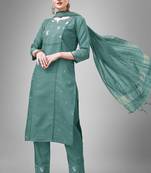 Teal colour ethnic embroidered cotton blend suit for festive wear