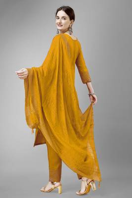 Yellow colour ethnic embroidered cotton blend suit for festive wear 2