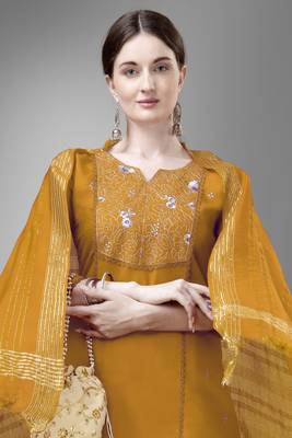 Yellow colour ethnic embroidered cotton blend suit for festive wear 3