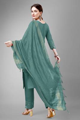 Teal colour ethnic embroidered cotton blend suit for festive wear 2
