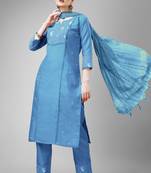 Sky blue colour ethnic embroidered cotton blend suit for festive wear