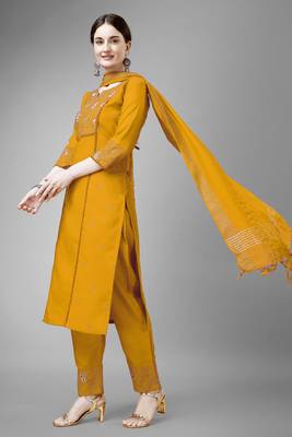 Yellow colour ethnic embroidered cotton blend suit for festive wear 4