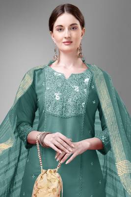 Teal colour ethnic embroidered cotton blend suit for festive wear 3