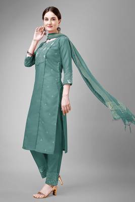 Teal colour ethnic embroidered cotton blend suit for festive wear 4
