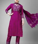 Purple colour ethnic embroidered cotton blend suit for festive wear