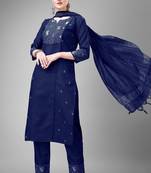 Navy blue colour ethnic embroidered cotton blend suit for festive wear