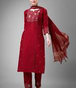Maroon colour ethnic embroidered cotton blend suit for festive wear