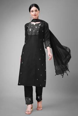 Black colour ethnic embroidered cotton blend suit for festive wear 1