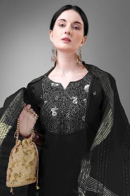 Black colour ethnic embroidered cotton blend suit for festive wear 3