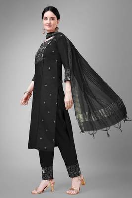 Black colour ethnic embroidered cotton blend suit for festive wear 4