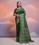 Green handloom raw silk woven border with butti weaves traditional saree with blouse