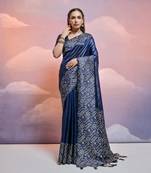 Navy blue handloom raw silk woven border with butti weaves traditional saree with blouse