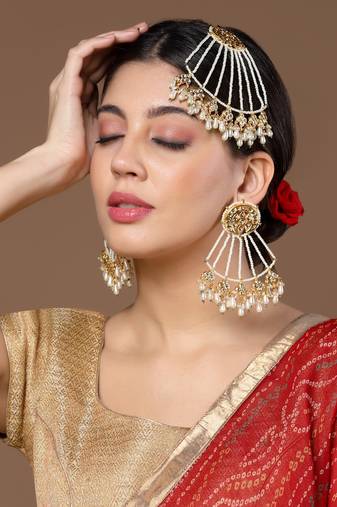 Gold & cream drop earring with kundan &  pearls