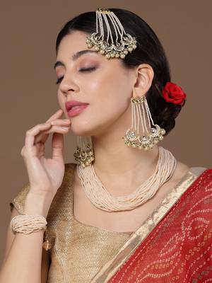 Cream & green drop earring with kundan &  pearls 1