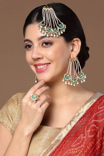 Green & cream drop earring with kundan &  pearls