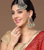 Green & cream drop earring with kundan &  pearls