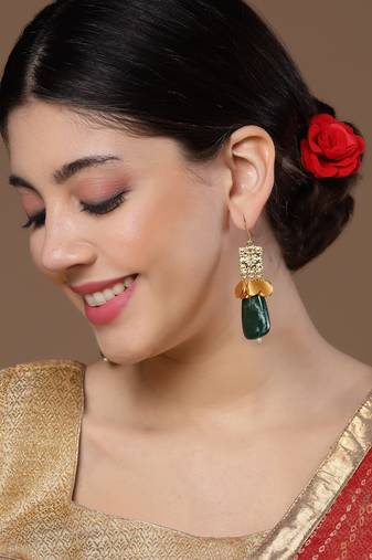Green & gold drop earring with pearls &  natural stones