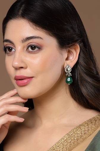 Green & silver drop earring with kundan &  pearls
