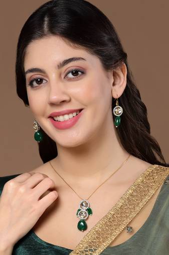 Green & gold drop earring with kundan &  american diamonds