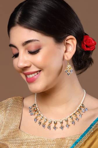 Blue & cream drop earring with kundan &  pearls