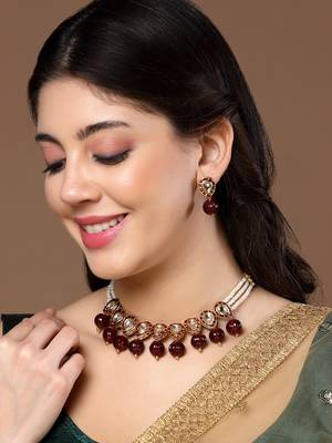 Red & maroon drop earring with kundan &  natural stones 1