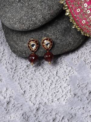 Red & maroon drop earring with kundan &  natural stones 2