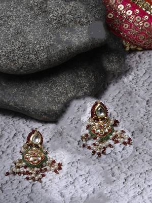 Red & gold drop earring with kundan &  pearls 2