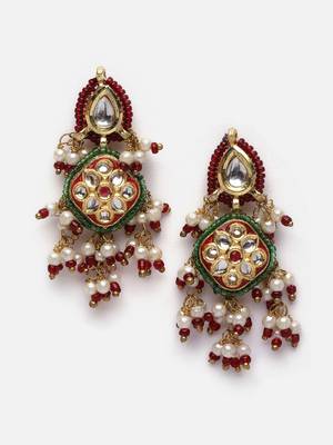 Red & gold drop earring with kundan &  pearls 3