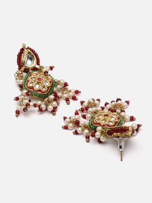 Red & gold drop earring with kundan &  pearls 4