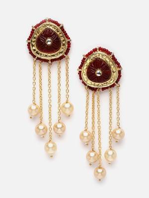 Maroon & cream drop earring with kundan &  pearls 3