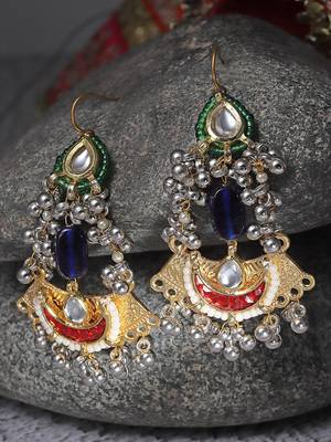 Red & blue drop earring with kundan &  pearls 2