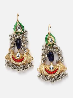 Red & blue drop earring with kundan &  pearls 3