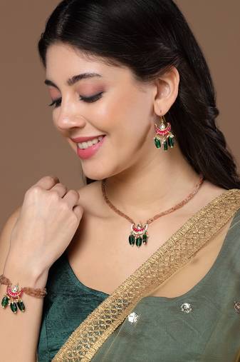 Pink & green drop earring with kundan &  pearls