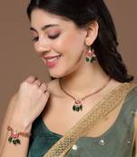 Pink & green drop earring with kundan &  pearls