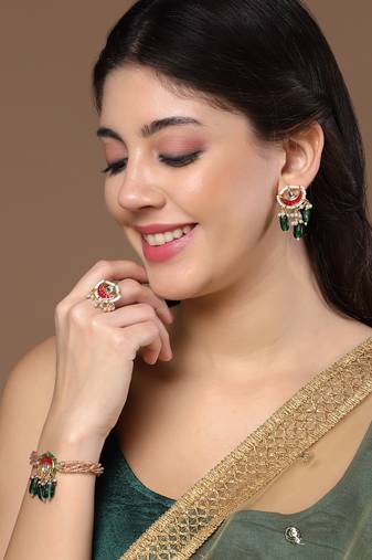 Pink & green drop earring with kundan &  natural stones