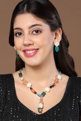 Green & cream drop earring with pearls &  natural stones